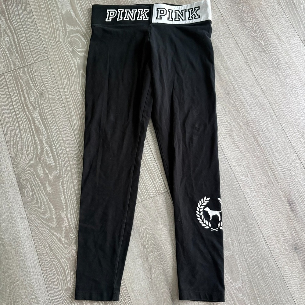 Vtg Y2K Victoria's Secret Pink Black Dog Logo Patch Yoga Legging Size L‎